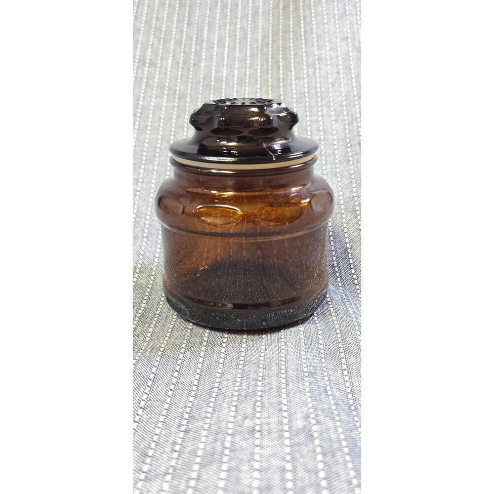 VTG Cremora 1970's Dark Amber Brown Glass Apothecary Jar - Starburst Lid - 4 in